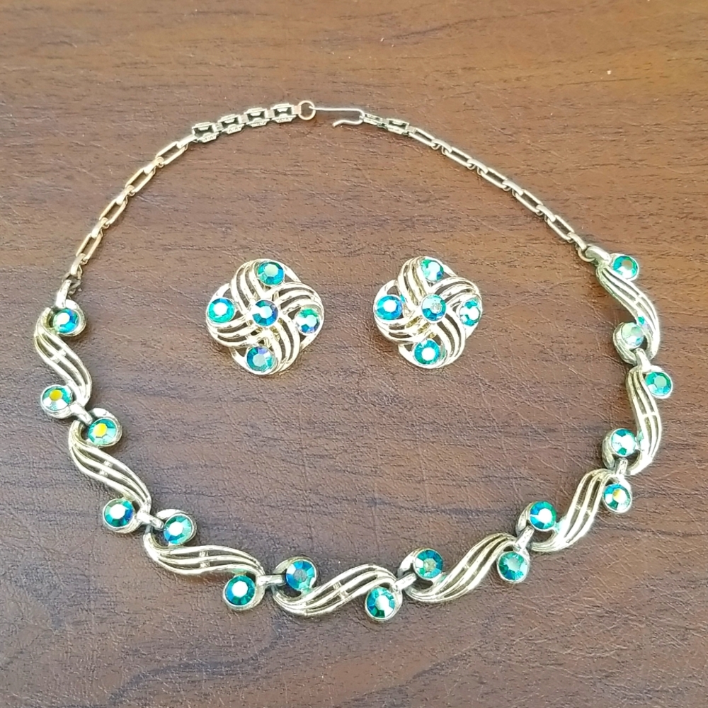 Vintage Schrager Blue AB Crystal Necklace and Earring Set